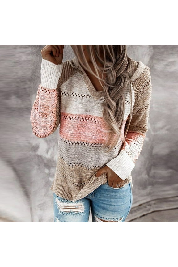 Womens Crochet Hooded Sweaters V Neck Long Sleeve Hollow Out Sweaters Color Block Vintage Pullover Trendy Sweater Pullover
