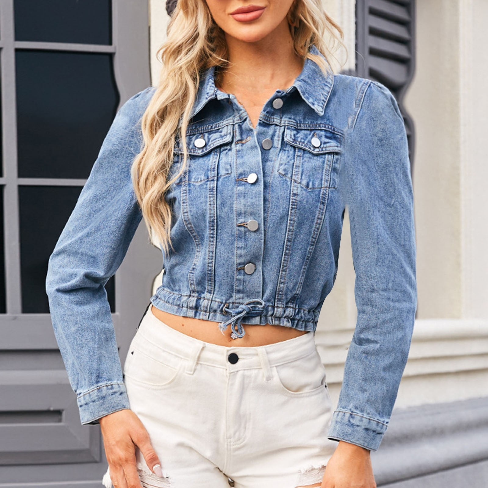 jean jacket women stretchy cropped long sleeve turn down