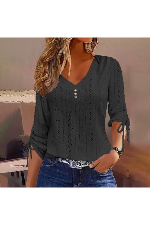 Womens Eyelet Embroidery Tops Long Sleeve Drawstring Shirts V Neck Button T Shirts Solid Color Lightweight Blouses Gifts
