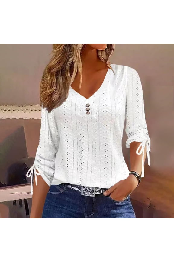 Womens Eyelet Embroidery Tops Long Sleeve Drawstring Shirts V Neck Button T Shirts Solid Color Lightweight Blouses Gifts
