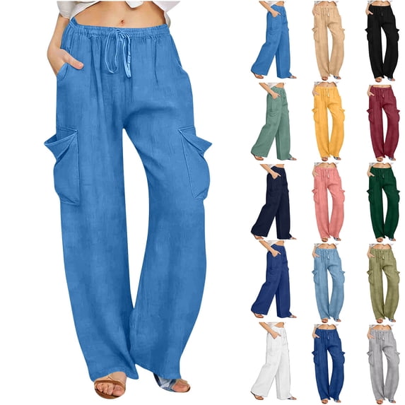 Frostluinai Womens Faux Denim Pants Casual High Waisted Elastic Drawstring Cargo Loose Fit Wide Leg Pants Soft Jean Trousers with Pockets