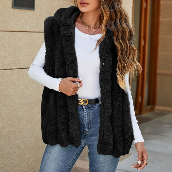 Frostluinai Womens Faux Fur Hooded Vests Sleeveless Open Front Jacket Coats Warm Fleece Sherpa Vests Solid Color Winter Coats Gifts