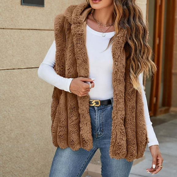 Frostluinai Womens Faux Fur Hooded Vests Sleeveless Open Front Jacket Coats Warm Fleece Sherpa Vests Solid Color Winter Coats Gifts