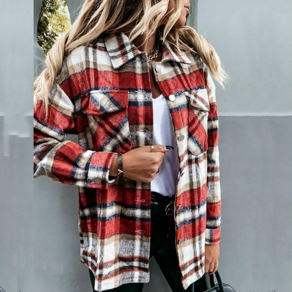 Frostluinai Womens Flannel Shacket Jacket Casual Plaid Button Down Long Sleeve Shirt Cardigan Vintage Casual Fall Jacket Coat with Pocket