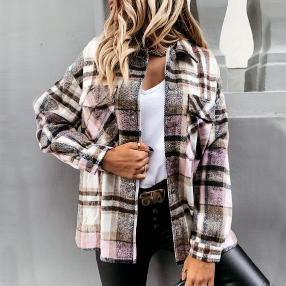 Frostluinai Womens Flannel Shacket Jacket Casual Plaid Button Down Long Sleeve Shirt Cardigan Vintage Casual Fall Jacket Coat with Pocket