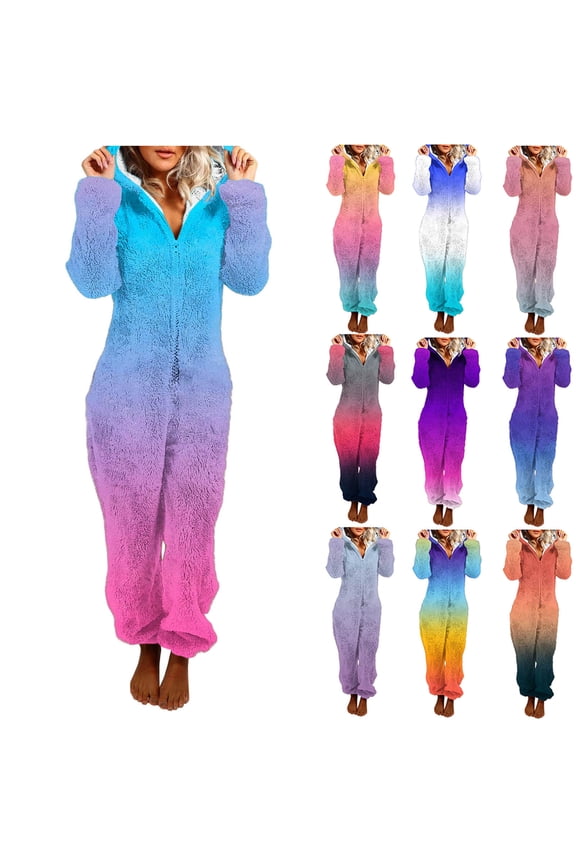 Womens Fleece Onesies Pajamas Jumpsuit Warm Sherpa Romper Sleepwear Gradient One Piece Zipper Hooded Playsuit Loungewear