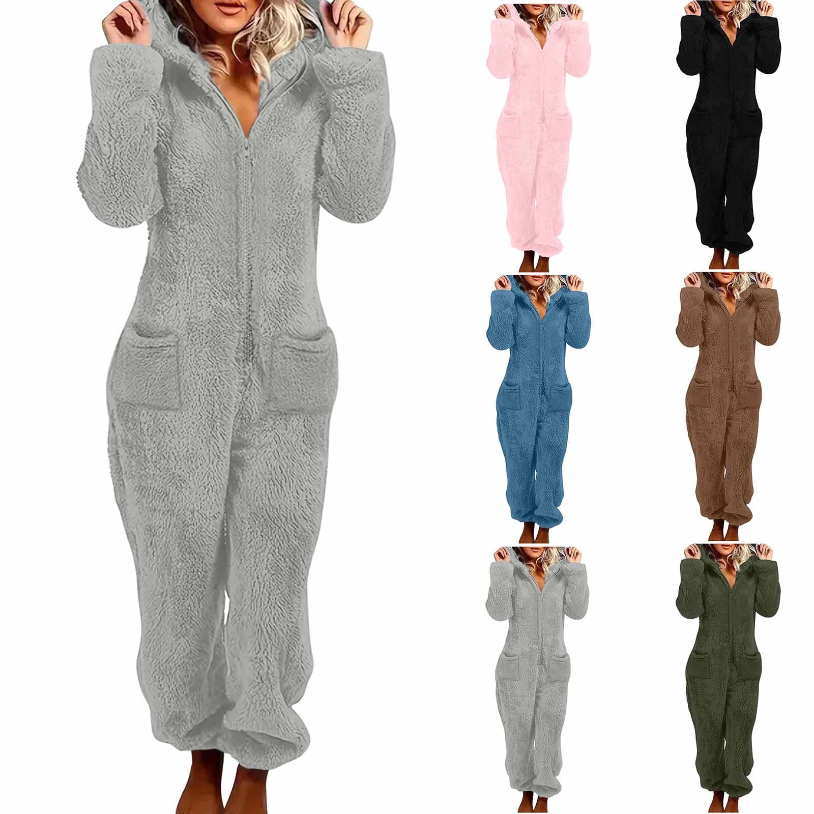 Frostluinai Womens Fleece Onesies Pajamas Jumpsuit Warm Sherpa Romper Sleepwear One Piece Zipper Hooded Playsuit Loungewear with Pocket