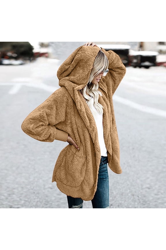 Womens Fuzzy Fleece Hooded Cardigan Long Sleeve Open Front Lounge Cardigans Jacket Solid Color Comzy Warm Sweaters with Pocket