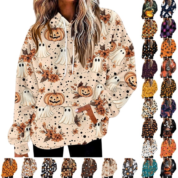 Frostluinai Womens Halloween Flannel Hooded Sweatshirt Long Sleeve with Pocket Ghosts Pumpkin Print Cozy Fuzzy Fleece Pullover Fall Spooky Season Top