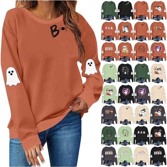 Frostluinai Womens Halloween Sweatshirts Ghosts Graphic Pullover Tops Crwe Neck Long Sleeve Lounge Sweat Shirts Loose Fit Sweatshirts