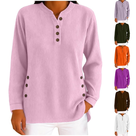 Frostluinai Womens Henley Tops Long Sleeve Corduroy Pullover Tees Vintage Solid Tunic Shirts Plus Size Loose Fit Blouses for Casaul Wear