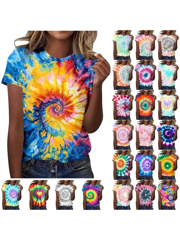 Womens Hippie Clothes Tie Dye Shirt Crewwneck Short Sleeve Graphic Tshirts 60s 70s Outfits Hippy Vintage Disco Party Tees S-2XL