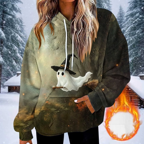 Frostluinai Womens Hoodie with Pocket Halloween Flannel Fleece Hooded Sweatshirt Spooky Season Ghosts Print Pullover Long Sleeve Warm Hoodies S-XXL