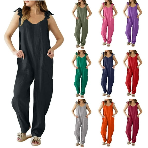 Frostluinai Womens Jumpsuits Crew Neck Sleeveless Linen Overalls Tie Knot Spaghetti Strap Harem Long Pants Solid Loose Fit Jumpsuits with Pocket