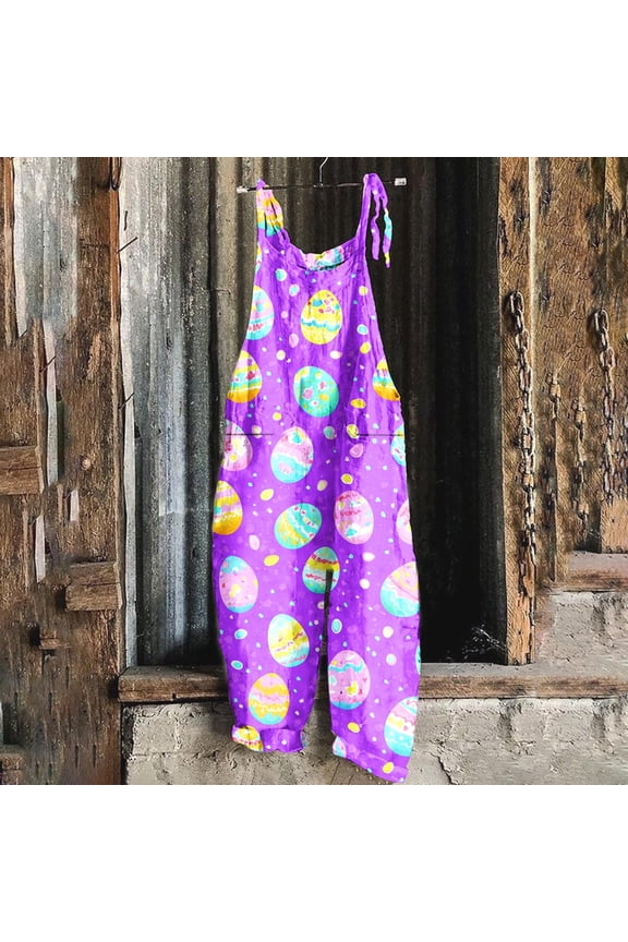 Womens Jumpsuits Overalls Easter Day Linen Wide Leg Jumpers Spaghetti Strap Rompers Casual Summer Beach Vacation Clothes with Pockets