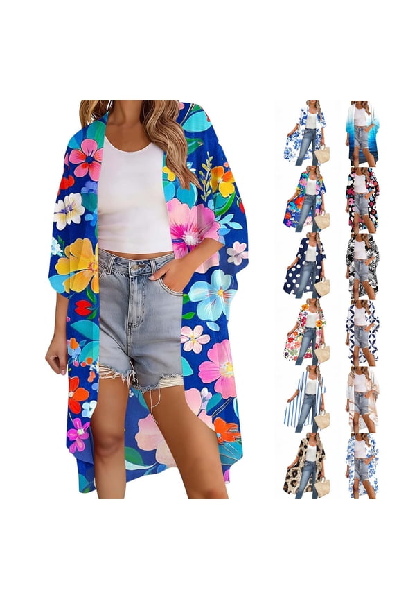 Womens Kimono Cardigans Beach Cover ups Swimwear Puff Sleeve Loose Casual Summer Tops Chiffon Floral Graphic Swimwear