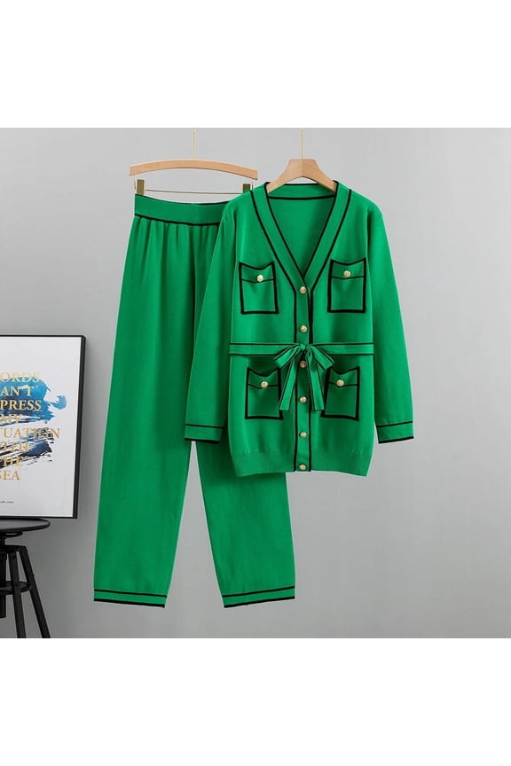 Womens Knit Sets 2 Piece Button Down V Neck Sweater Knit Sets Stretchy High Waist Pants Long Sleeve Fall Sweater Sets with Pocket