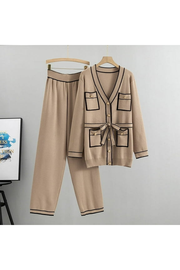 Womens Knit Sets 2 Piece Button Down V Neck Sweater Knit Sets Stretchy High Waist Pants Long Sleeve Fall Sweater Sets with Pocket