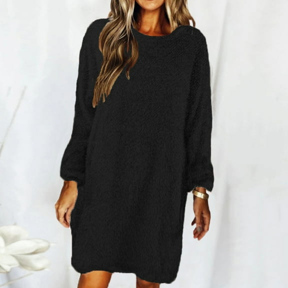Frostluinai Womens Knit Sweater Dresses Long Sleeve Crew Neck Midi Sweater Dress Solid Color Loose Fit Knit Dress Casual Fall Sweater Dresses