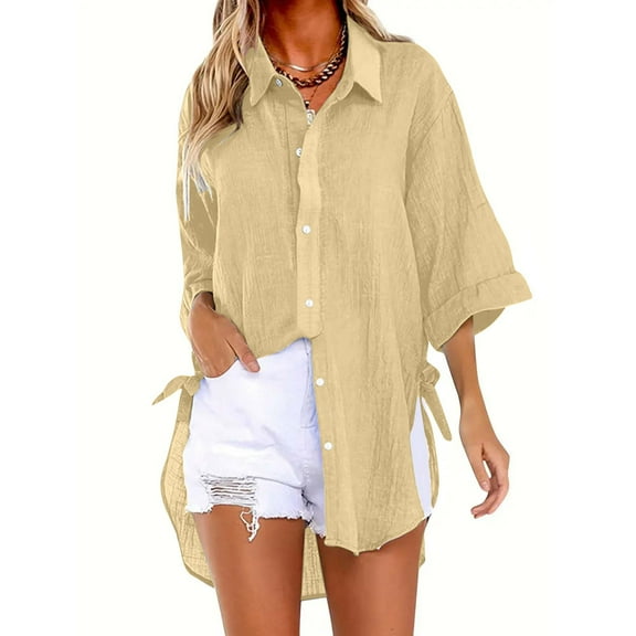 Frostluinai Womens Linen Button Down Shirts Oversized 3/4 Sleeve Rolled Tshirts Lapel Collar Tie Knot Tops Solid High Low Hem Tees Loose Blouses