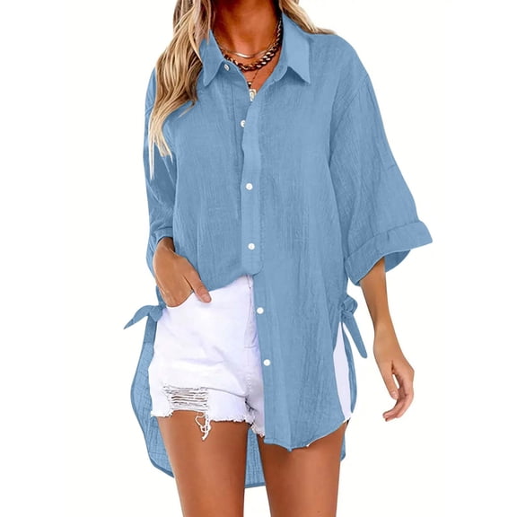 Frostluinai Womens Linen Button Down Shirts Oversized 3/4 Sleeve Rolled Tshirts Lapel Collar Tie Knot Tops Solid High Low Hem Tees Loose Blouses