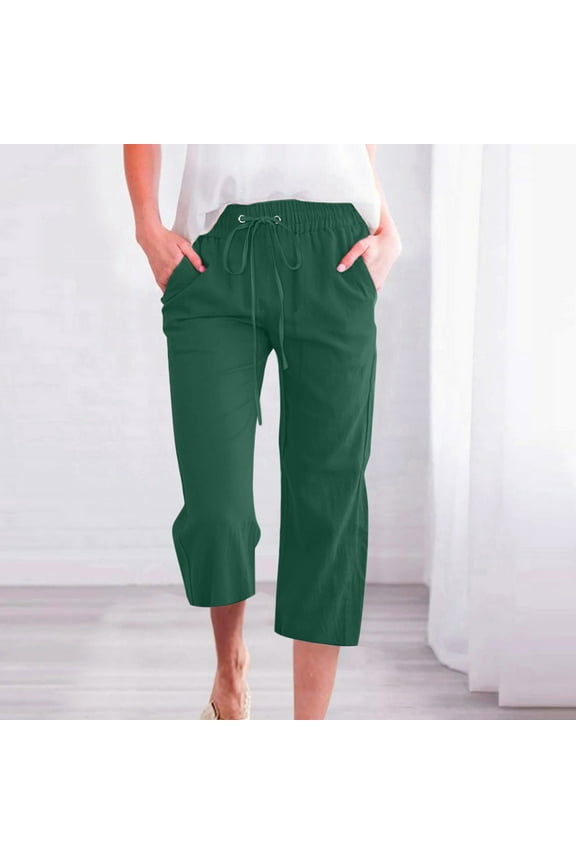 Womens Linen Capri Pants Plus Size Elastic Waist Capri Shorts Ladies Wide Leg Drawstring Skimmer Pants Beach Solid Color Stretch Capris Casual Capris for Women