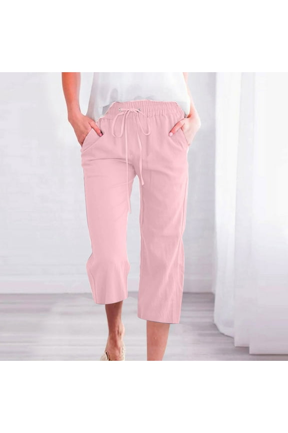 Womens Linen Capri Pants Plus Size Elastic Waist Capri Shorts Ladies Wide Leg Drawstring Skimmer Pants Beach Solid Color Stretch Capris Casual Capris for Women