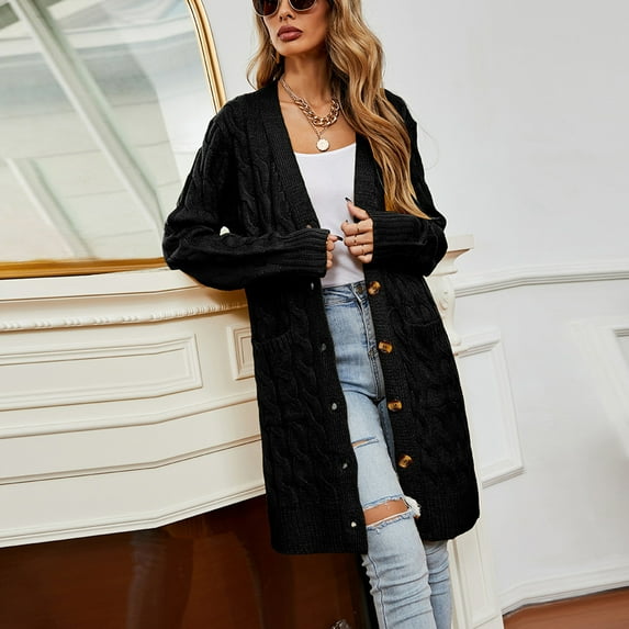 Frostluinai Womens Long Cardigan Sweaters Button Down V Neck Cable Knit Cardigans Long Sleeve Solid Color Cardigan Coats with Pocket