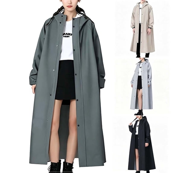 Frostluinai Womens Long Rain Poncho Hooded Waterproof Snap Buttons Elastic Cuffs Zip Up Solid Color