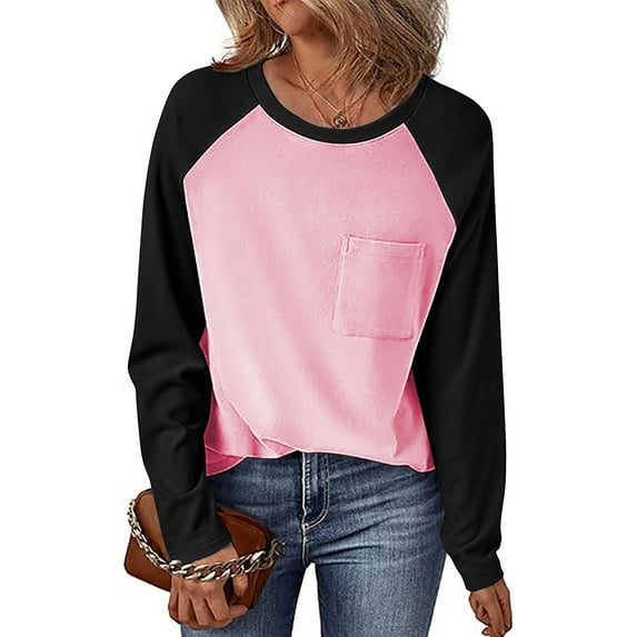 Frostluinai Womens Long Sleeve Tops Crew Neck Color Block Raglan T Shirts Casual Dressy Business Work Shirts Loose Fit Going Out Tees with Pocket