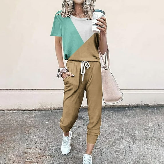 Frostluinai Womens Lounge Sets Two Piece Color Block Shirts Elastic Wasit Joggers Loose Fit Running Sweatsuits Comzy Tracksuits with Pocket
