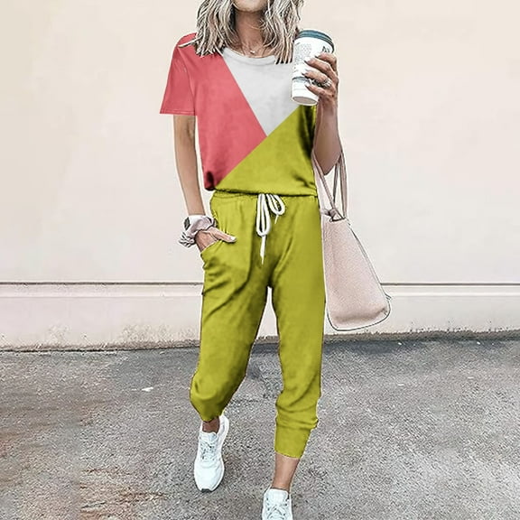 Frostluinai Womens Lounge Sets Two Piece Color Block Shirts Elastic Wasit Joggers Loose Fit Running Sweatsuits Comzy Tracksuits with Pocket