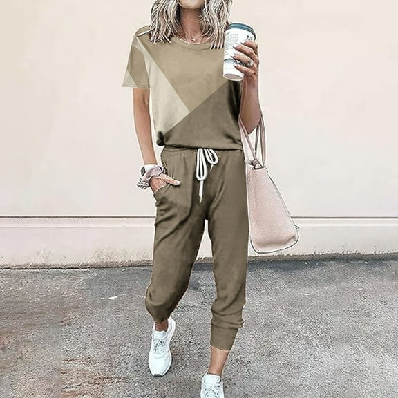Frostluinai Womens Lounge Sets Two Piece Color Block Shirts Elastic Wasit Joggers Loose Fit Running Sweatsuits Comzy Tracksuits with Pocket