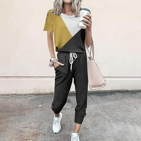 Frostluinai Womens Lounge Sets Two Piece Color Block Shirts Elastic Wasit Joggers Loose Fit Running Sweatsuits Comzy Tracksuits with Pocket