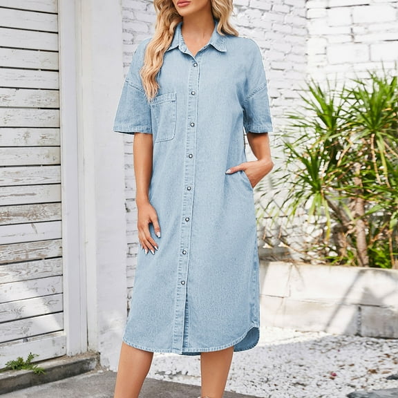 Frostluinai Womens Maxi Long Denim Shirt Dress Short Sleeve Button Down Long Jean Dresses Lapel Collar Loose Fit Denim Jacket Dresses with Pocket