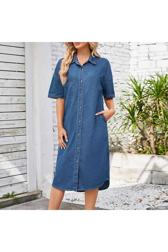 Womens Maxi Long Denim Shirt Dress Short Sleeve Button Down Long Jean Dresses Lapel Collar Loose Fit Denim Jacket Dresses with Pocket