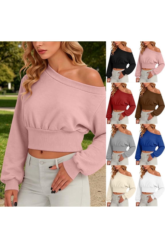 Womens Off the Shoulder Sweatshirt Cinched Waist Crop Tops Oversized Long Sleeve Banded Bottom Pullover Workout Sweat Shirts