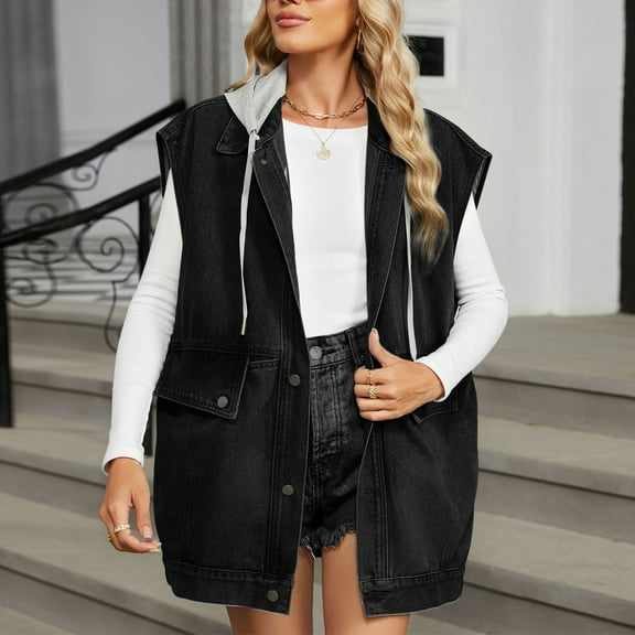 Frostluinai Womens Oversized Denim Jackets with Hood Drawstring Sleeveless Waistcoat Vests Button Down Jean Tanks Loose Denim Coat with Pocket