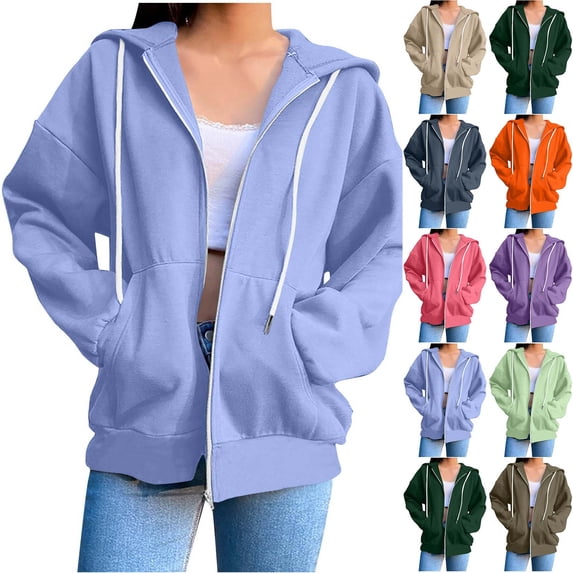 Frostluinai Womens Oversized Hoodies Zip Up Drawstring Sweatshirts Long Sleeve Drop Shoulder Athletic Jacket Solid Hoodies with Pocket