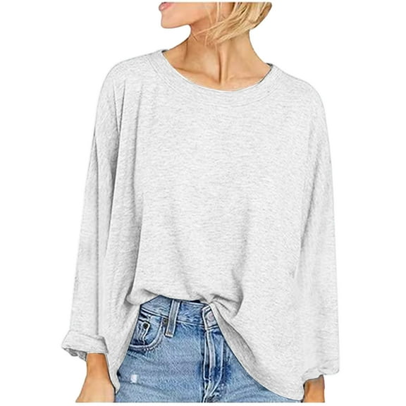 Frostluinai Womens Oversized Long Sleeve Tops Drop Shouder Crew Neck Soft Shirts Solid Color Loose Fit Pullover Lightweight Going Out Tshirts