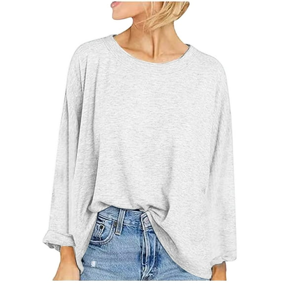Frostluinai Womens Oversized Long Sleeve Tops Drop Shouder Crew Neck Soft Shirts Solid Color Loose Fit Pullover Lightweight Going Out Tshirts