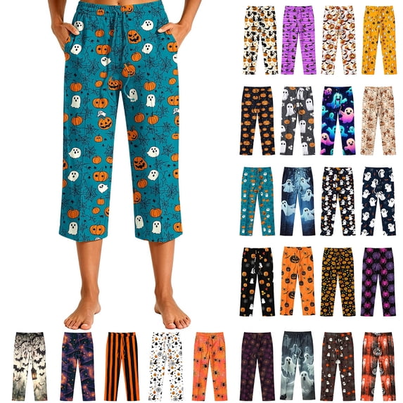 Frostluinai Womens Pajama Pants Capri Lounge with Pockets Comfy Drawstring Pj Bottoms Casual Halloween Ghosts Pumpkin Graphic Print Sleepwear S-3XL