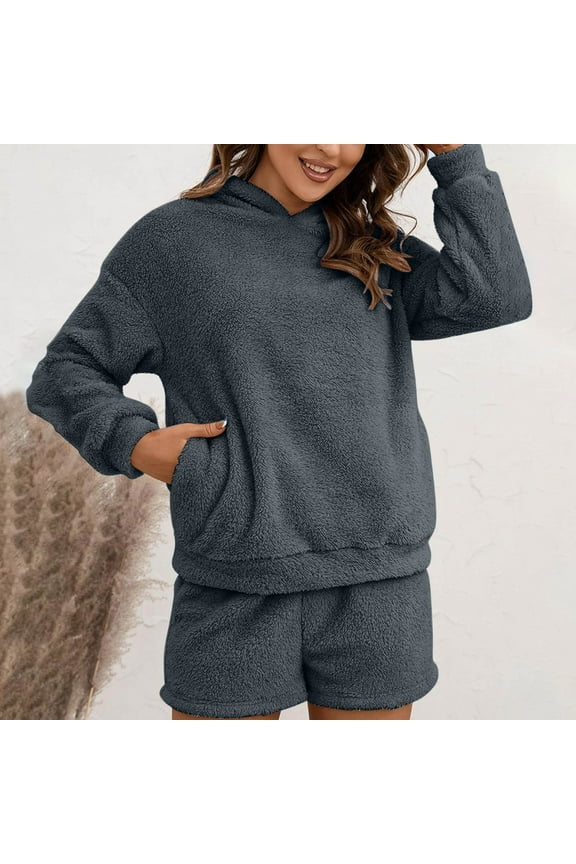 Womens Pajama Sets Shorts Fuzzy Fleece 2 Piece Long Sleeve Hoodies Sherpa Shorts Solid Winter Loungewear Sets with Pocket