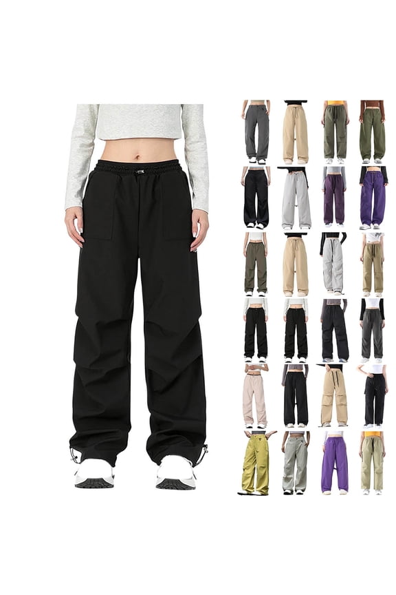 Womens Parachute Cargo Pants with Pockets Quick Dry Hiking Pants Lightweight Waterproof Baggy Joggers Drawstring Waist Outdoor Pants
