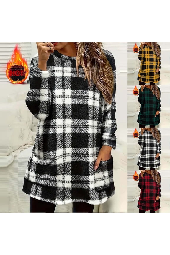 Womens Plaid Long Sweatshirts Oversized Fuzzy Fleece Pullover Crew Neck Long Sleeve Fluffy Warm Sweatshirts with Pocket