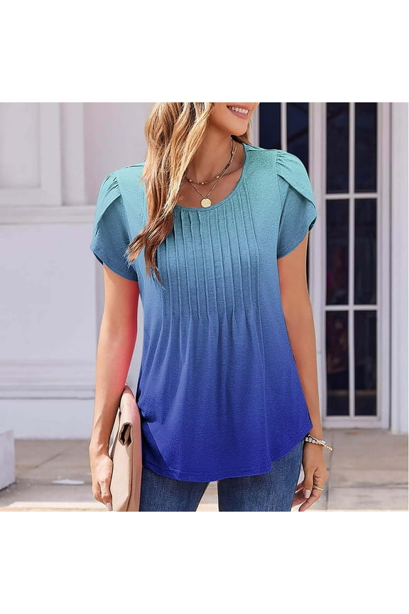 Womens Pleated Tunic Tops Petal Sleeve Casual Dressy Shirts Crew Neck Gradient T Shirts Hide Belly Loose Fit Blouses Gifts