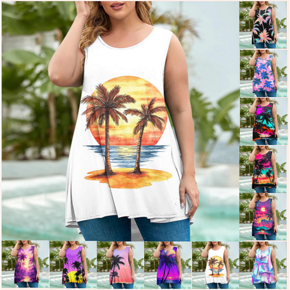 Frostluinai Womens Plus Size Tank Tops for Beach Sleeveless Crew Neck Loose Tunics Vintage Palm Tree Graphic Tanks Summer Tank Shirts