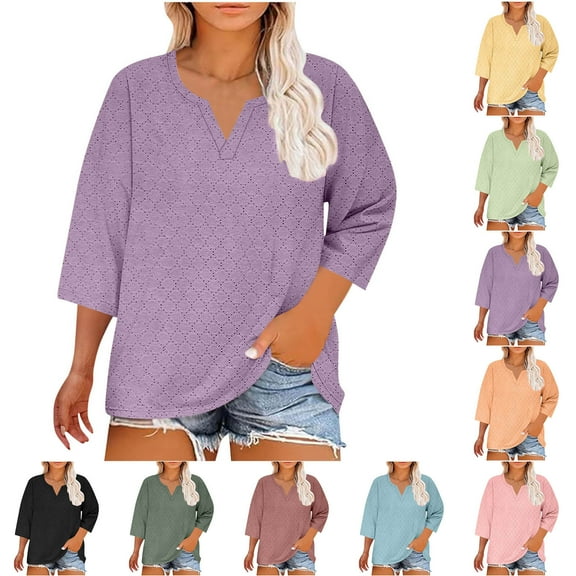 Frostluinai Womens Plus Size Tops 3/4 Length Sleeve Shirts Crew Neck Eyelet Embroidery Tshirts Solid Color Lounge Blouses Summer Loose Fit Tees
