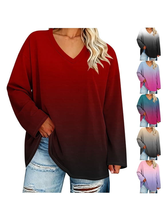 Womens Plus Size Tops Long Sleeve Shirts V Neck Tunic Gradient Blouses XL-5X Lightweight Casual Loose Everyday Daily Wear