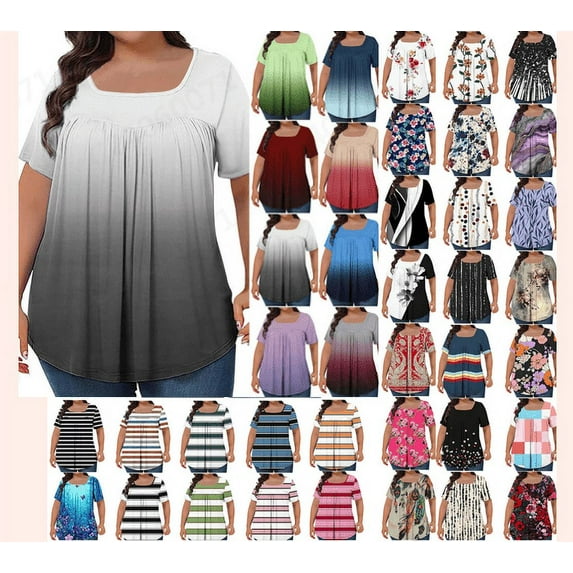 Frostluinai Womens Plus Size Tops Tunic Short Sleeve Floral Shirts Square Neck Pleated Tshirts Casual Color Block Blouses Funny Shirts for Women